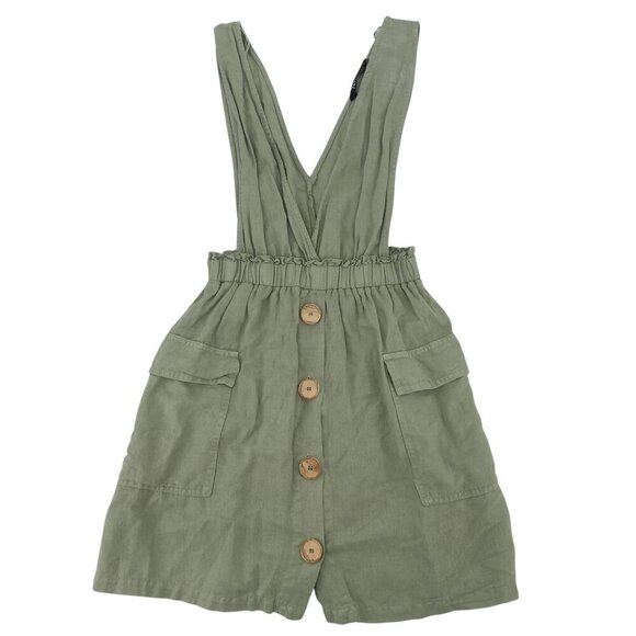 ZARA Size S Sage Green Sleeveless Linen V-Neck Pinafore Dress Overall Mini - Picture 1 of 12